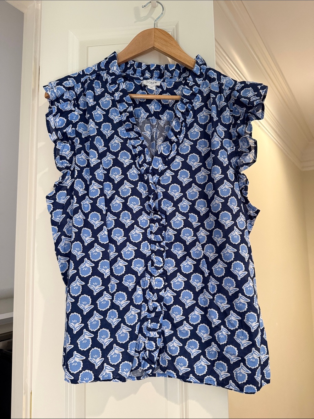 J. Crew Blue pattern Ruffle-Sleeve Top EUC